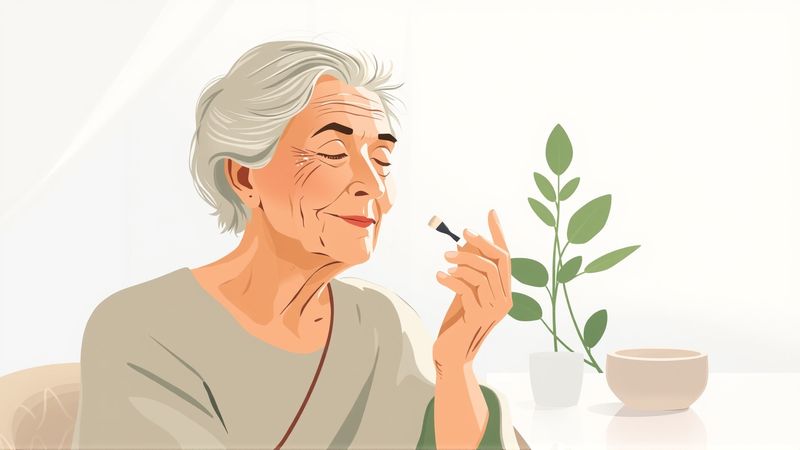 Una anciana tranquila aplica cosmético con calma