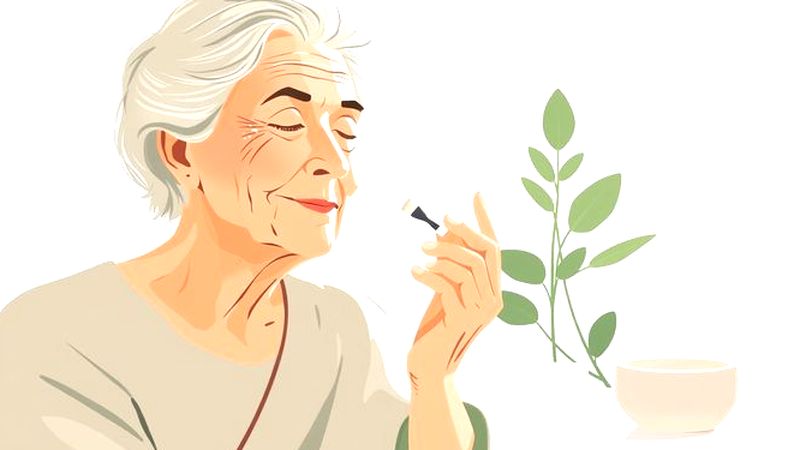 Una anciana tranquila aplica cosmético con calma