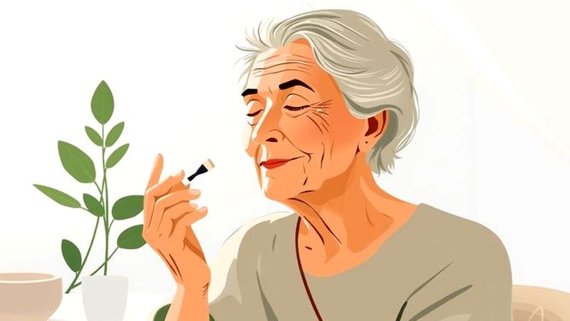 Una anciana tranquila aplica cosmético con calma