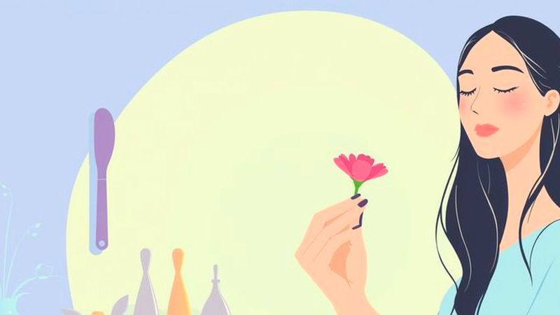 Una mujer tranquila sostiene una flor