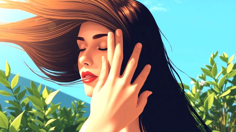 Una mujer radiante protege su rostro sereno