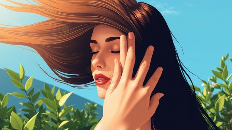Una mujer radiante protege su rostro sereno