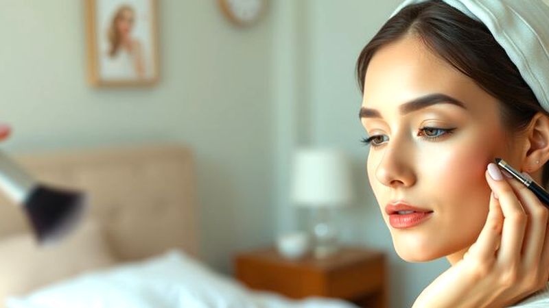 Una mujer serena aplica maquillaje con elegancia