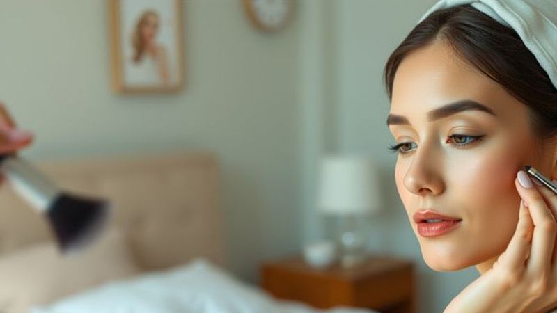 Una mujer serena aplica maquillaje con elegancia