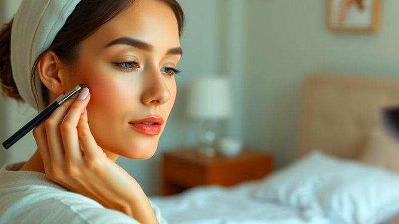 Una mujer serena aplica maquillaje con elegancia