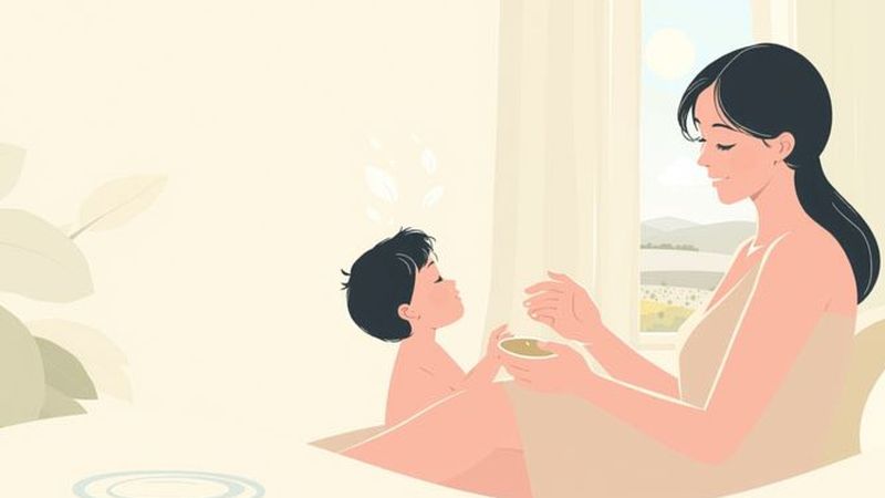 Una madre nutre delicadamente a su hijo