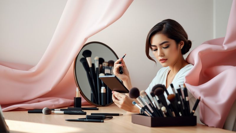 Mujer perfeccionando el maquillaje con precisión