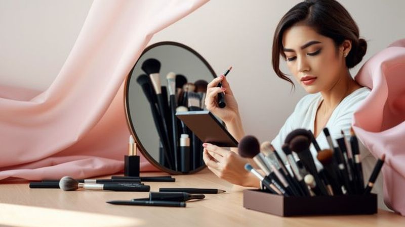 Mujer perfeccionando el maquillaje con precisión
