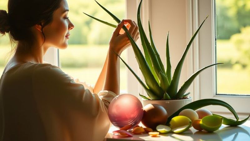 Una mujer cuida serenamente su aloe